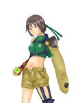  armor bare_shoulders brown_eyes brown_hair final_fantasy final_fantasy_vii fingerless_gloves gloves kanariko materia midriff navel open_fly short_hair shorts sleeveless sleeveless_turtleneck solo turtleneck unzipped yuffie_kisaragi 