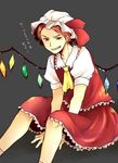  1boy cosplay crossdress crossdressing fang flandre_scarlet_(cosplay) hat kamiki red_eyes red_hair short_hair sitting smirk solo touhou umineko_no_naku_koro_ni ushiromiya_battler wings 