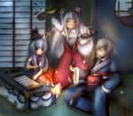  2girls amanojaku bad_id bad_pixiv_id bottle brush calligraphy_brush candle closed_eyes cup fujiwara_no_mokou highres kamishirasawa_keine morichika_rinnosuke multiple_girls open_mouth paintbrush scroll skewer smile table touhou tray 