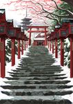 blossom building cloud lantern mountain ohigetan scenery shrine sky snow stairs torii tree 