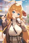  1girl ahoge bag bangs belt black_belt black_hairband blazer blue_eyes blurry blush breasts brown_jacket brown_sweater candy chocolate chocolate_bar closed_mouth eating food hairband highres holding holding_chocolate holding_food jacket large_breasts long_hair looking_at_viewer okg open_clothes open_jacket orange_hair outdoors pecorine_(princess_connect!) pecorine_(real)_(princess_connect!) plaid plaid_skirt princess_connect! ribbed_sweater skirt solo sweater sweater_tucked_in turtleneck turtleneck_sweater upper_body 
