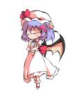  1girl bangs bat_wings blush bow chibi closed_eyes closed_mouth collar collared_dress dairi dress eyebrows_visible_through_hair full_body hair_between_eyes hands_up hat hat_ribbon heart mob_cap no_shoes pink_heart puffy_short_sleeves puffy_sleeves purple_hair red_bow red_ribbon remilia_scarlet ribbon short_hair short_sleeves simple_background smile socks solo standing tachi-e touhou transparent_background white_dress white_headwear white_legwear white_sleeves wings wrist_cuffs 