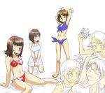  amami_haruka awakened_miki bikini breasts cleavage crab futami_ami futami_mami hagiwara_yukiho hoshii_miki idolmaster idolmaster_(classic) idolmaster_1 kisaragi_chihaya medium_breasts multiple_girls one_eye_closed rison side-tie_bikini side_ponytail simple_background sketch small_breasts swimsuit 