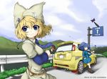  absurdres alternate_costume blonde_hair blue_dress blue_eyes blue_hair car contemporary dress gap ground_vehicle hat hayate-s highres kawashiro_nitori key motor_vehicle multiple_girls necktie no_hat no_headwear ofuda power_lines road road_sign sign smile suzuki_swift touhou two_side_up wind yakumo_ran 