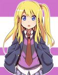  :o alternate_hairstyle blazer blonde_hair blue_eyes hair_bobbles hair_ornament jacket k-on! kotobuki_tsumugi long_hair necktie plaid school_uniform side_ponytail skirt solo sweater_vest tom_(drpow) younger 