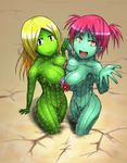  :d bad_id bad_pixiv_id blonde_hair breast_press breasts cactus flower green_skin holding_hands ichiba_youichi interlocked_fingers large_breasts long_hair looking_at_viewer monster_girl multiple_girls navel nude open_mouth original pink_hair plant_girl short_hair smile symmetrical_docking twintails 