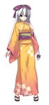  absurdres alternate_costume ar_tonelico ar_tonelico_i blue_eyes bow braid cross_edge full_body hair_bow highres hirano_katsuyuki japanese_clothes kimono long_hair long_sleeves official_art sandals shurelia simple_background solo standing toes white_hair 