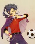  bad_id bad_pixiv_id ball belt blue_hair bracelet cloak hand_in_pocket inazuma_eleven_(series) inazuma_eleven_go jewelry male_focus pants soccer_ball solo spiked_bracelet spikes telstar tsurugi_kyousuke wakaya_hana yellow_eyes 