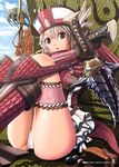  :o against_wall armor ass bangs belt blue_eyes boots cloud day dual_wielding embarrassed gloves hat highres holding knee_boots legs_up looking_at_viewer monster_hunter monster_hunter_frontier outdoors panties pantyshot pantyshot_(sitting) pleated_skirt pouch red_legwear rioduo_(armor) rock scales short_hair silver_hair sitting skirt sky solo surprised sword thigh_strap underwear upskirt v-mag weapon white_panties 