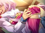  ass ass_grab blue_eyes breast_press breasts game_cg hikage_eiji kiss koihime_musou large_breasts panties pink_hair short_hair skirt skirt_lift solo_focus sonken straddling thighhighs tongue underwear 