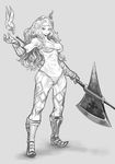  amazon_(dragon's_crown) armor bikini_armor bird boots breasts circlet dragon's_crown gloves greyscale halberd highres large_breasts long_hair masn_(moxi) monochrome muscle panties polearm solo tattoo thong underwear weapon 