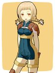  1girl blonde_hair bodysuit braid eco142 female final_fantasy final_fantasy_xii hair_feather leather_armor long_hair orange_eyes penelo romper solo twin_braids twintails 