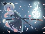  flower highres hitodama katana konpaku_youmu konpaku_youmu_(ghost) kurasawa_kyoushou open_mouth petals ready_to_draw ribbon sheath sheathed short_hair solo squatting sword touhou weapon 