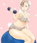  ball bare_shoulders bra breasts brown_eyes brown_hair bun_cover chun-li cleavage dumbbell exercise_ball kazaana large_breasts light_smile lingerie navel short_hair short_shorts shorts solo sports_bra street_fighter thick_thighs thighs underboob underwear weights 