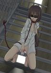  blindfold bottomless brown_hair collar leash long_hair naked_shirt onanism pixiv977953 public_nudity public_vibrator vibrator 