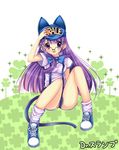  absurdres animal_ears bad_id bad_pixiv_id baseball_cap blush breasts cat_ears clothes_writing clover denim denim_shorts dr._slump glasses hat hat_with_ears highres long_hair loose_socks medium_breasts norimaki_arale purple_eyes purple_hair shoes short_shorts shorts sitting sneakers socks solo usagihime 