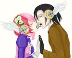  1boy 1girl alisa_boskonovich android angel_wings black_gloves black_hair blue_eyes blush breasts cleavage couple eyes_closed flower formal gloves hair_ornament hands_together headphones headset magnet_(vocaloid) multicolored_hair namco necktie one_eye_closed parody parted_lips pink_hair ponytail scar sergei_dragunov short_hair simple_background small_breasts suit tekken two-tone_hair white_gloves wings wink 