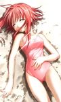  closed_eyes duplicate lowres non-web_source okano_hinata one-piece_swimsuit red_hair sand sleeping solo swimsuit wind_a_breath_of_heart yuuki_tatsuya 