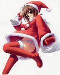  amatsume_akira boots bow brown_eyes brown_hair fur-trimmed_boots fur_boots fur_trim gloves groin hashimoto_takashi hat highres panties red_bow red_footwear red_gloves red_hat red_legwear santa_boots santa_hat side-tie_panties solo thigh_boots thighhighs underwear white_background white_legwear white_panties yosuga_no_sora 