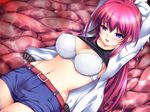  arms_up belt blue_eyes blush bra cleavage game_cg inyouchuu inyouchuu_etsu long_hair midriff open_mouth red_hair shiratori_mikoto thighhighs 