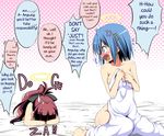  2girls akane_souichi anger_vein angry blanket blue_eyes blue_hair blush bow dogeza english fang hair_bow hair_ornament hairclip halo mahou_shoujo_madoka_magica miki_sayaka multiple_girls naked_sheet nude orz red_hair sakura_kyouko spoilers sweatdrop translated 