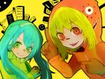  aqua_hair bad_id bad_pixiv_id gloves green_eyes green_hair gumi hatsune_miku headphones hood hoodie itamidome long_hair matryoshka_(vocaloid) multiple_girls red_eyes short_hair smile twintails vocaloid 