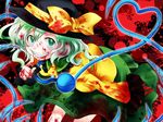  blood blood_on_face blood_splatter blood_stain bloody_clothes bow eyeball finger_to_mouth green_eyes green_hair grin hat heart heart_of_string komeiji_koishi open_mouth oyuki_(otozuki_mozuku) short_hair skirt smile solo teeth third_eye touhou 