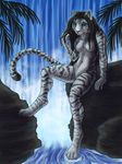  blue_eyes boulder breasts creepy_stare feline female hair mammal naira nipples nude sitting small_breasts solo stone stripes tiger tree water waterfall white_tiger wood 