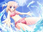  :d bad_id bad_pixiv_id bangs bare_arms bikini blonde_hair blue_eyes breasts day dutch_angle eyebrows_visible_through_hair highres looking_at_viewer medium_breasts medium_hair navel open_mouth original outdoors pass-d smile solo splashing swimsuit two_side_up water 