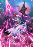  ascot bad_id bad_pixiv_id bat_wings blue_hair brooch full_moon hat highres jewelry magic_circle moon nemo_(marmeid331) red_eyes red_moon remilia_scarlet short_hair solo spear_the_gungnir spell_card touhou weapon wings 