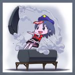  ah-negitorow blue_eyes blue_hair coffin drooling expressive_clothes fang hat jiangshi lid miyako_yoshika ofuda open_mouth outstretched_arms pale_skin saliva short_hair skirt smile smoke solo star touhou translated zombie_pose 