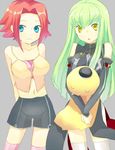  bandeau bare_shoulders blue_eyes c.c. cheese-kun code_geass detached_sleeves eka_eri green_hair kallen_stadtfeld long_hair multiple_girls order_of_the_black_knights_uniform pizza_hut red_hair short_hair shorts smile strapless surprised tank_top thighhighs tubetop uniform yellow_eyes 