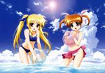  absurdres ball beachball bikini blonde_hair blush brown_hair cloud day fate_testarossa highres long_hair lyrical_nanoha mahou_shoujo_lyrical_nanoha mahou_shoujo_lyrical_nanoha_the_movie_1st multiple_girls ocean official_art okuda_yasuhiro open_mouth outdoors purple_eyes red_eyes short_twintails sky striped striped_bikini striped_swimsuit swimsuit takamachi_nanoha twintails very_long_hair water 