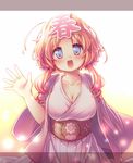  blonde_hair blue_eyes blush breasts cleavage collarbone drill_hair flower hair_flower hair_ornament happy haru-chan japanese_clothes kibushi kimono large_breasts long_hair nippon_housou_kyoukai open_mouth simple_background solo twin_drills twintails waving wavy_hair 