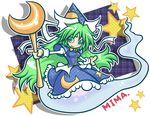  blue_capelet bow bowtie capelet character_name chibi crescent dress ghost_tail green_hair hat highres long_hair mima pointing polka_dot setter_(seven_stars) smile solo staff star sun_(symbol) touhou touhou_(pc-98) weapon wizard_hat 