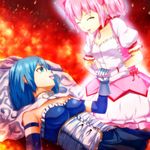  blue_eyes blue_hair cape fire gloves highres ikaramon_sakaya kaname_madoka long_hair magical_girl mahou_shoujo_madoka_magica miki_sayaka multiple_girls pink_hair ribbon short_hair skirt smile tears twintails 