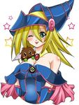  bare_shoulders black_magician_girl blonde choker dark_magician_girl detached_sleeves kuriboh wink witch_hat yugioh 