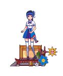  1girl animated animated_gif aoi_ch. bangs blue_bow blue_hair blue_skirt blunt_bangs bow dancing flower fuji_aoi full_body hair_bow hair_ornament lowres pixel_art ponytail shirt skirt tassel tengu_nouzu thighhighs virtual_youtuber white_background white_shirt winding_key 