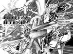  bardiche cape dress duel emphasis_lines fate_testarossa greyscale himura_kiseki long_hair lyrical_nanoha magical_girl mahou_shoujo_lyrical_nanoha_strikers monochrome multiple_girls raising_heart takamachi_nanoha text_focus uniform very_long_hair white_devil 