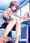  barefoot between_toes bow brown_eyes brown_hair chair erect_nipples feet foreshortening hands long_hair michi original pen sitting skirt soles solo tartan toes 