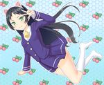  animal_ears bell black_hair cat_ears cherry food fruit fruit_background green_eyes hazuki_kurumi hips kaitou_tenshi_twin_angel long_hair salute school_uniform shougi_(116) socks solo swimsuit twin_angel v wide_hips 