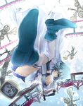  aeve blue_eyes blue_hair cape daniyyel+jennifer falling foreshortening gloves h.n.elly_(kirsten) highres magical_girl mahou_shoujo_madoka_magica miki_sayaka short_hair smile solo sword weapon 