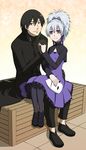  108_(ginyirokoubou) couple darker_than_black hei highres mask purple_eyes silver_hair smile trench_coat trenchcoat yin 