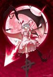  bat bat_wings blood bloody_hands blue_hair cross dress full_moon geworin hat highres moon red_eyes red_moon remilia_scarlet ribbon socks solo spear_the_gungnir touhou wings wrist_cuffs 