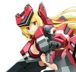  armor blonde_hair blurry breasts clenched_teeth cosmic_break crimrose depth_of_field headgear highres large_breasts long_hair mecha_musume navel official_art parted_lips red_eyes seraph_crimrose solo teeth transparent_background wakaba 