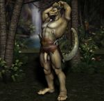  5_toes abs anthro balls cgi claws dragon flaccid flower horn jungle lisard loincloth male muscles necklace nude penis reptile scalie skull solo spikes stretching sword toes vic34677 water waterfall weapon 