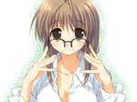  adjusting_eyewear ahoge amazuyu_tatsuki breasts brown_eyes brown_hair comic_party glasses large_breasts long_hair makimura_minami solo 