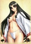  1girl black_hair breasts cleavage eiwa female japanese_clothes katana lips long_hair navel panties purple_eyes queen&#039;s_blade queen's_blade realistic solo sword tomoe underwear undressing weapon 