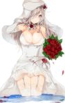  1girl bangs beret blush bouquet braid breasts choker cleavage commentary_request double-breasted dress eyebrows_visible_through_hair flower g36c_(girls_frontline) girls_frontline hair_ornament hair_over_one_eye hat highres holding large_breasts long_hair looking_at_viewer peanutc red_eyes rose side_braid silver_hair smile solo thighhighs very_long_hair wedding_dress white_background white_legwear white_neckwear white_sleeves 