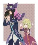  1girl :o black_hair blonde_hair bow brown_eyes coat doll dress elize_lutus frills green_eyes jewelry jude_mathis ma_na_roo necklace one_eye_closed pants pendant ribbon short_hair surprised tales_of_(series) tales_of_xillia tears teepo_(tales) 